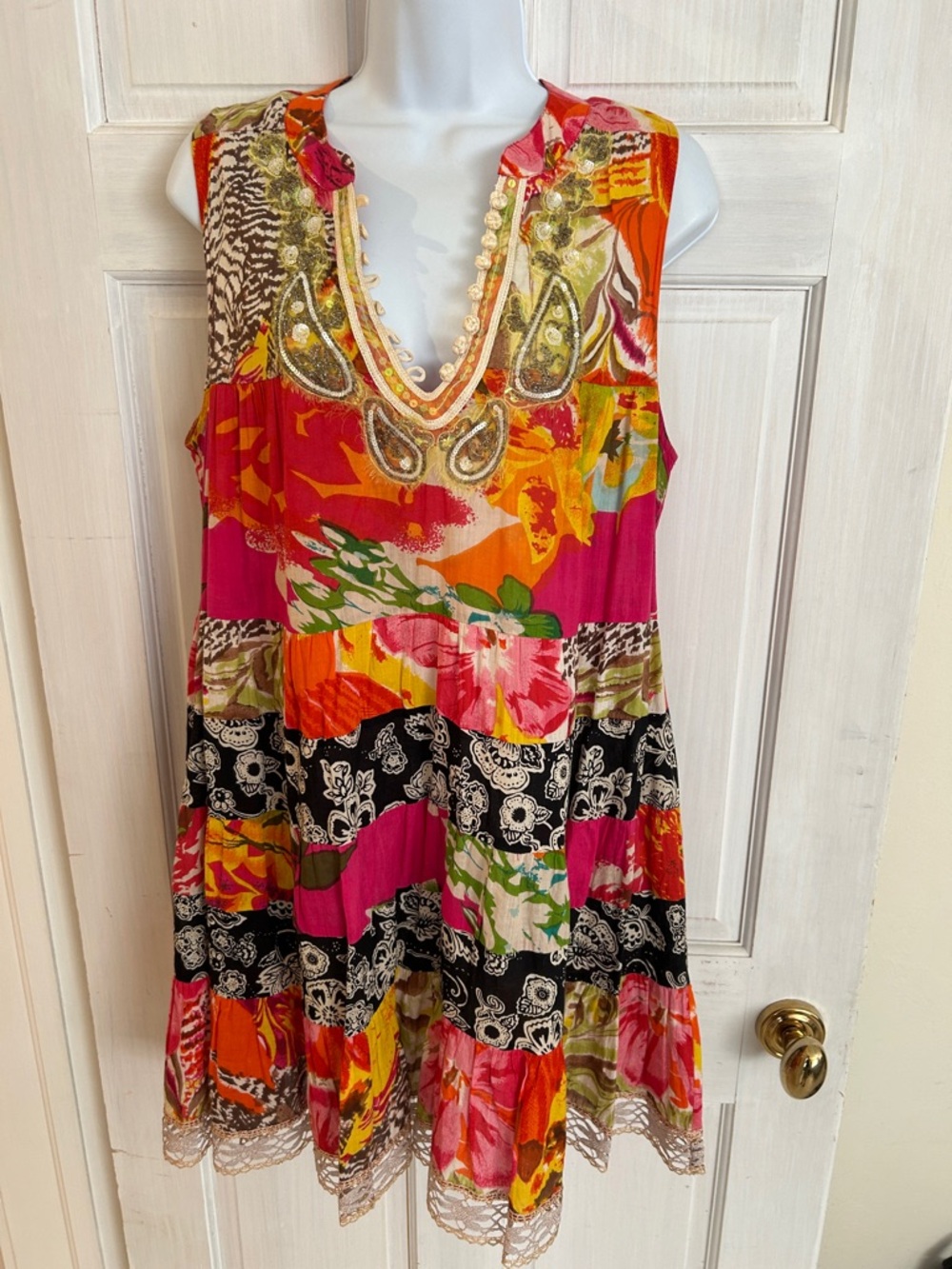 Free People Vibrant Floral Patchwork Sleeveless Dress - with sequin detail